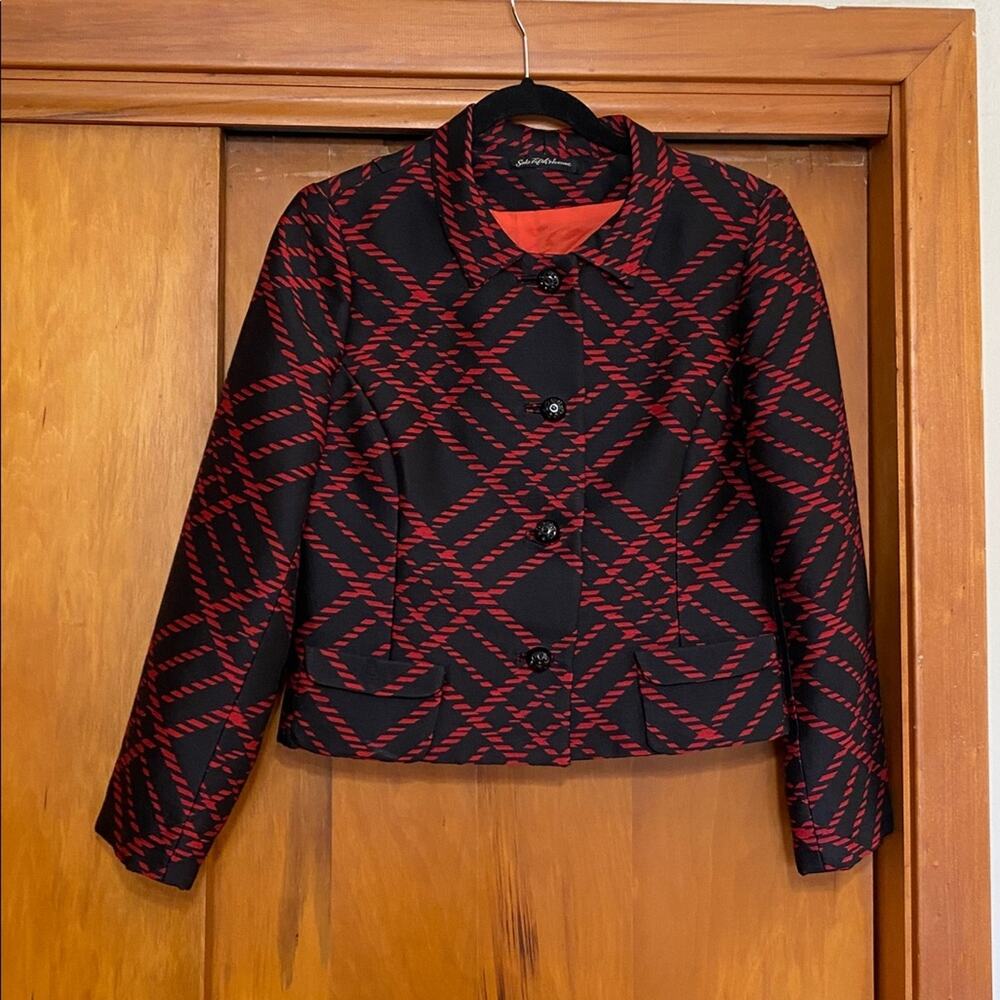 Saks Fifth Avenue Black and Red Geometric Jacket no size tag likely Petite Small